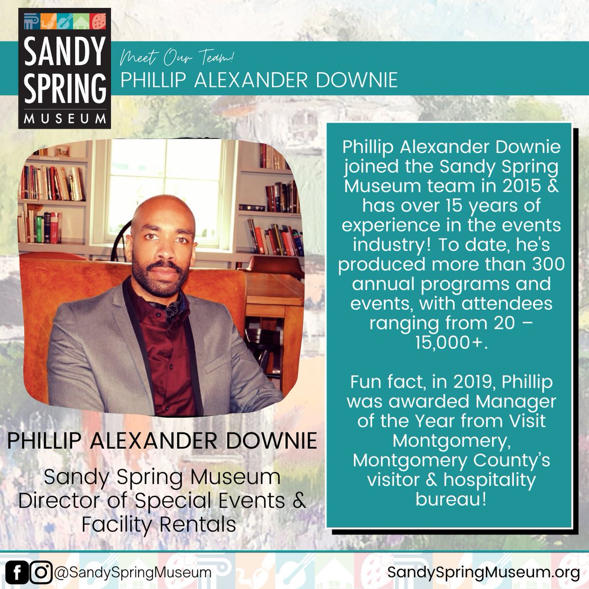 SSMuseum's tweet photo. Hi #SandySpringMuseum family, meet Phillip! ๐ He serves as the Director of Special Events & Facility Rentals and his deep expertise in events & programming makes him the perfect addition to our team. ๐ค ๐ฒ Be sure to reach out to him for a perfect event at an amazing #venue! ๐ https://t.co/vk7VnHu0nk
