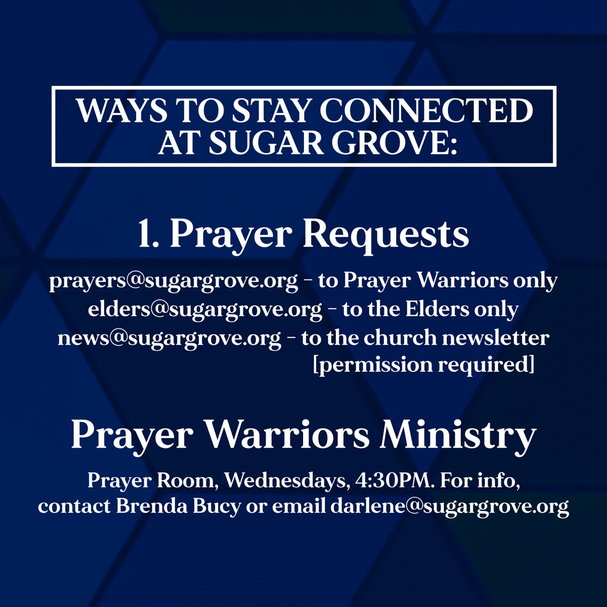 SugarGroveCofC's tweet photo. Don't forget that we have several new ways to stay connected here at Sugar Grove! Be sure to sign up, share, pray, and get more involved in the family here. https://t.co/4s9FpJss6B