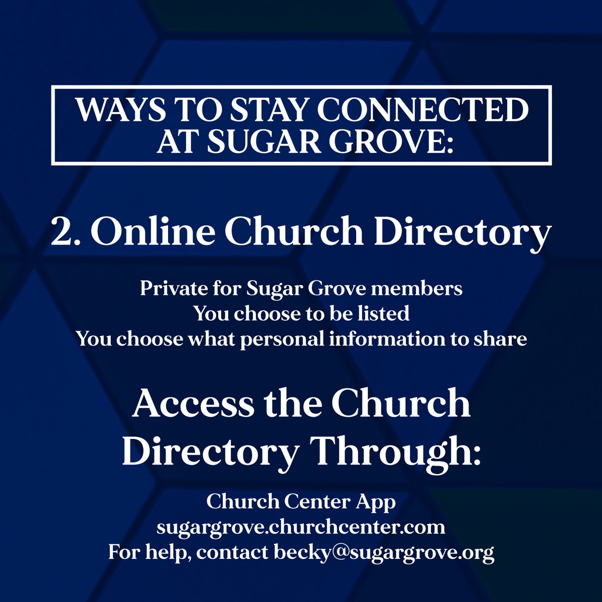 SugarGroveCofC's tweet photo. Don't forget that we have several new ways to stay connected here at Sugar Grove! Be sure to sign up, share, pray, and get more involved in the family here. https://t.co/4s9FpJss6B