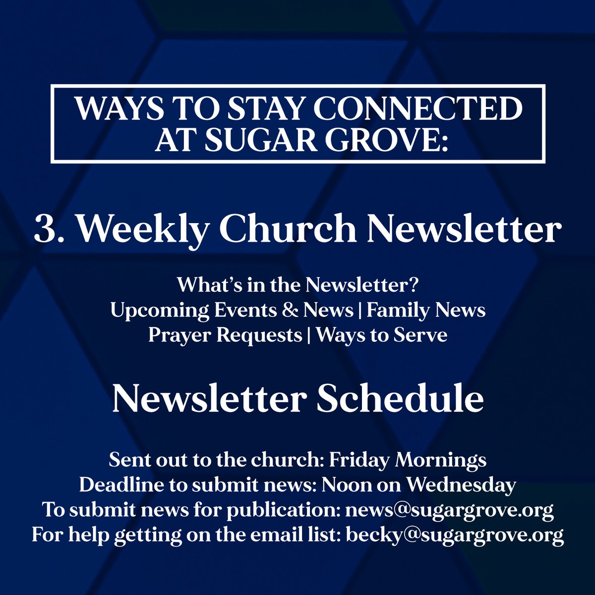 SugarGroveCofC's tweet photo. Don't forget that we have several new ways to stay connected here at Sugar Grove! Be sure to sign up, share, pray, and get more involved in the family here. https://t.co/4s9FpJss6B