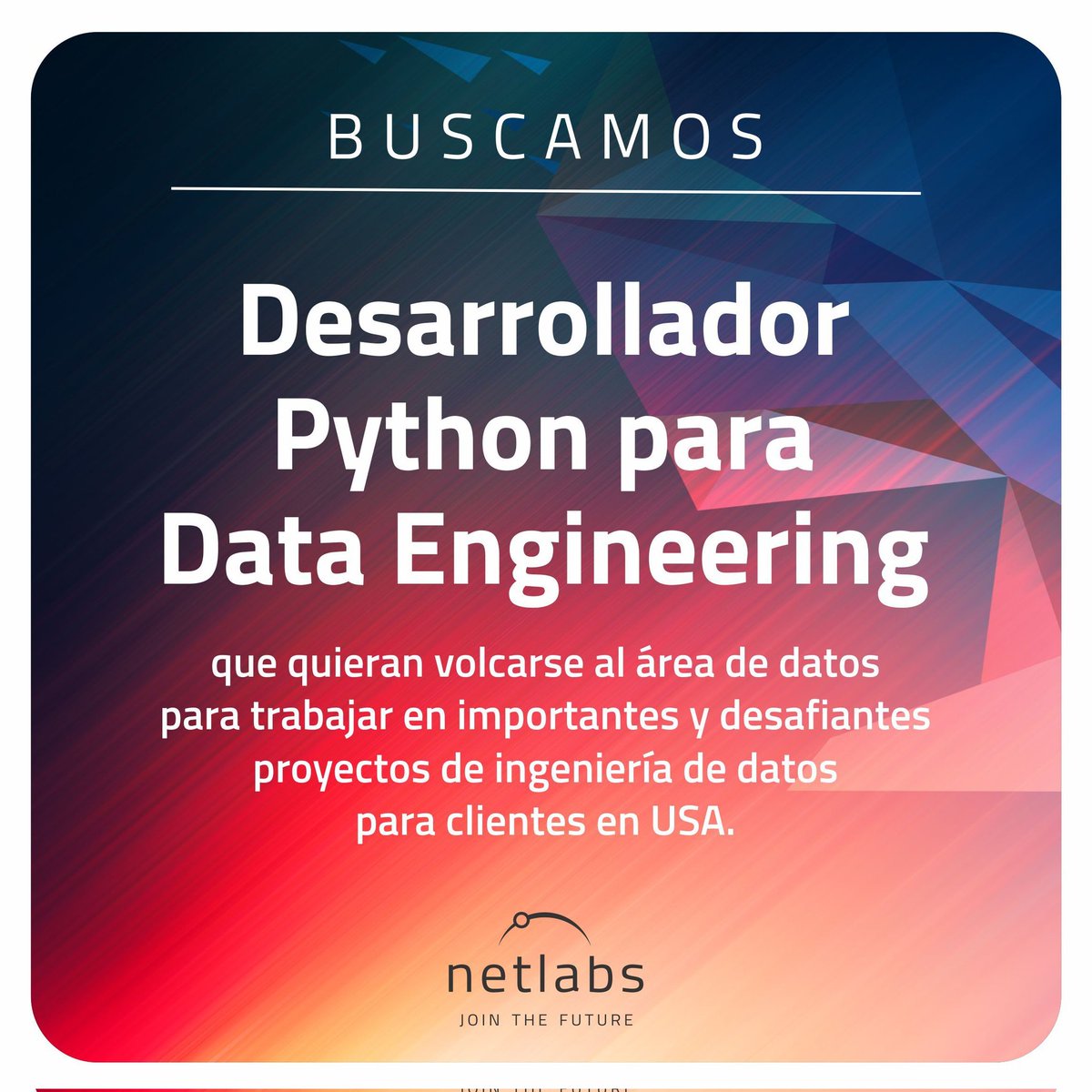 💥Andás bien en Python?
🔭Sos una persona curiosa a la que le gusta encontrar la raíz de los problemas?
🚀Querés trabajar en un ambiente laboral copado?
Netlabs es tu lugar!
linkedin.com/jobs/view/2959…

#oportunidadlaboral #Hiring