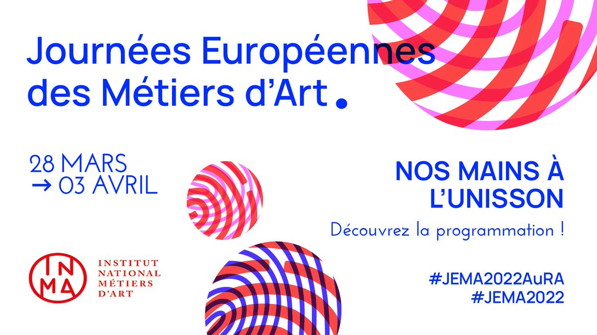 Les #JEMA22 sont de retour du 28 mars au 3 avril !
🎨 Préparez votre semaine et sélectionnez les événements que vous ne souhaitez pas rater ➡ swll.to/JEMA22
@jedmaofficiel 
#JEMA22AuRA #metiersdart #monartisandart #art #artisanat #patrimoinevivant