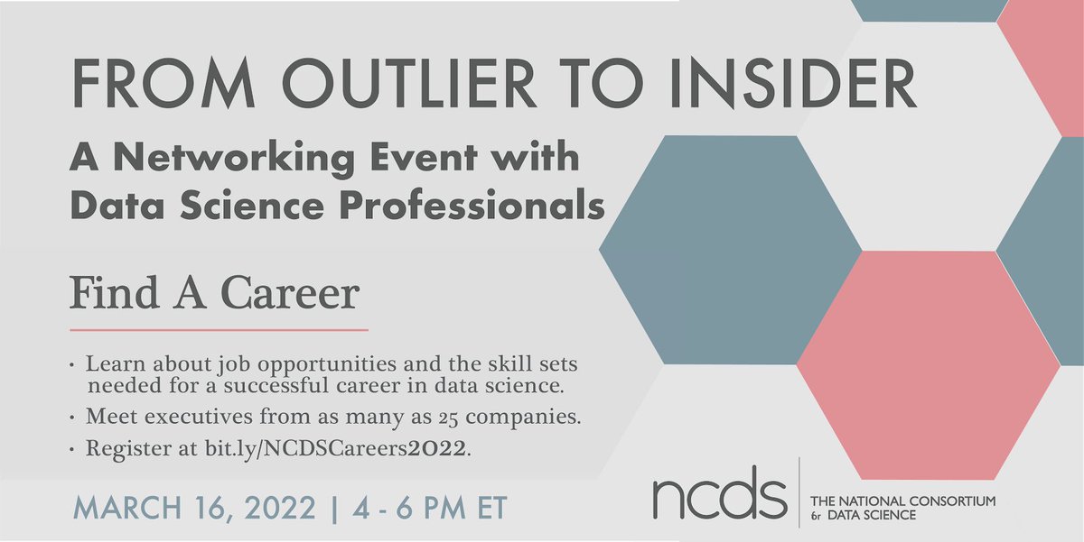 Students — register now for the March 16 “From Outlier to Insider” career event to have one-on-one conversations with potential employers + meet additional professionals in your fields of interest! #datascience #dataanalytics

bit.ly/NCDSCareers2022