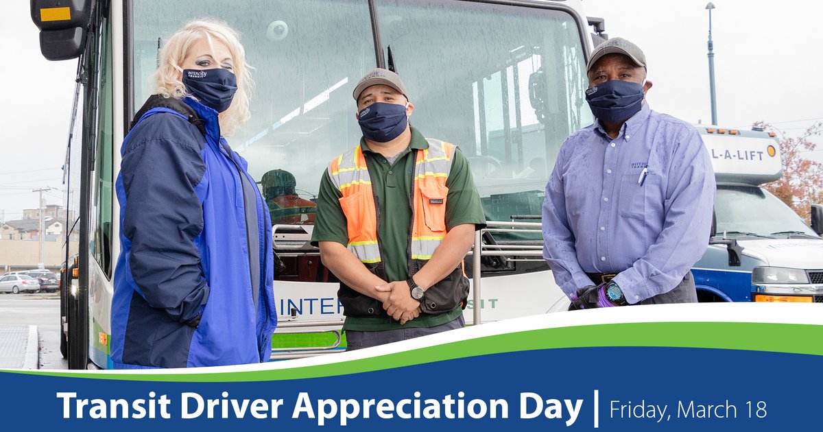 intercitytransi's tweet photo. Weโre celebrating Transit Driver Appreciation Day this week! Youโll see posts showing our appreciation for all that Intercity Transitโs hard-working bus drivers do everyday. Please share your stories and gratitude below, using #tdad! #IntercityTransit https://t.co/KgElaF1ytM