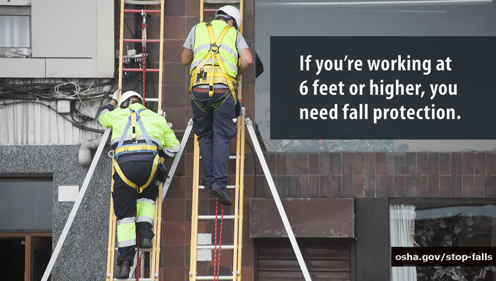OSHA_DOL's tweet image. Always wear fall protection when you are working 6 feet or more above the ground. This helps prevent falls from ladders, heights and unstable work surfaces: osha.gov/fall-protection  #LadderSafetyMonth