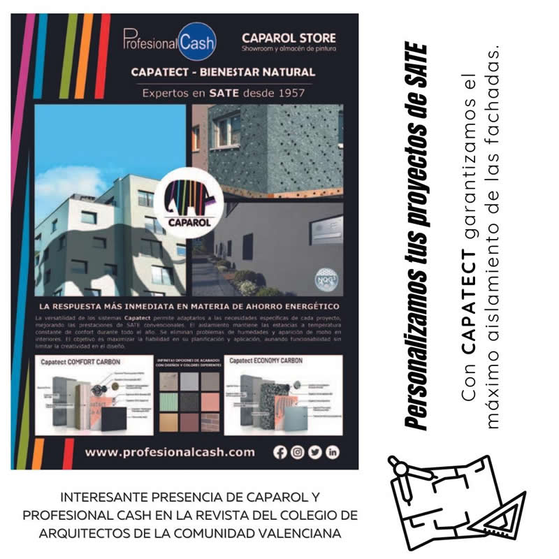 CashProfesional's tweet photo. 👌 Interesante presencia de Caparol junto a @CashProfesional en la revista del Colegio de Arquitectos de la #CV

👉 Personalizamos tus proyectos de aislamiento de fachadas con los sistemas Capatect, que mejoran todas las prestaciones de los SATE convencionales.

#PROFESIONALCASH https://t.co/AwHbE1ZunT
