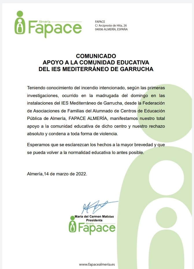 fapacealmeria's tweet photo. 📛Comunicado de #FAPACE manifestando su apoyo a la Comunidad Educativa del IES Mediterráneo de #Garrucha ( Almería).
.......
#ampa
#ampasalmeria
#educacionpublica
#asociacionmadresypadres https://t.co/kwr6mBRsZw