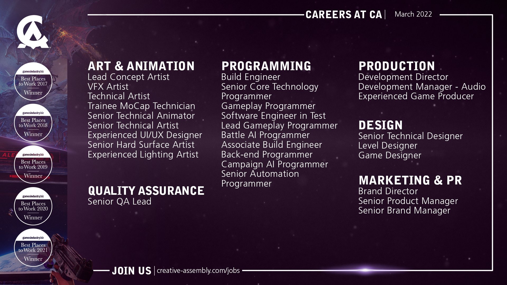 Ο χρήστης Creative Assembly στο Twitter: "Looking to explore new worlds?  Want to work with award-winning teams? Look no further... We have  opportunities available across all development disciplines from junior  roles to