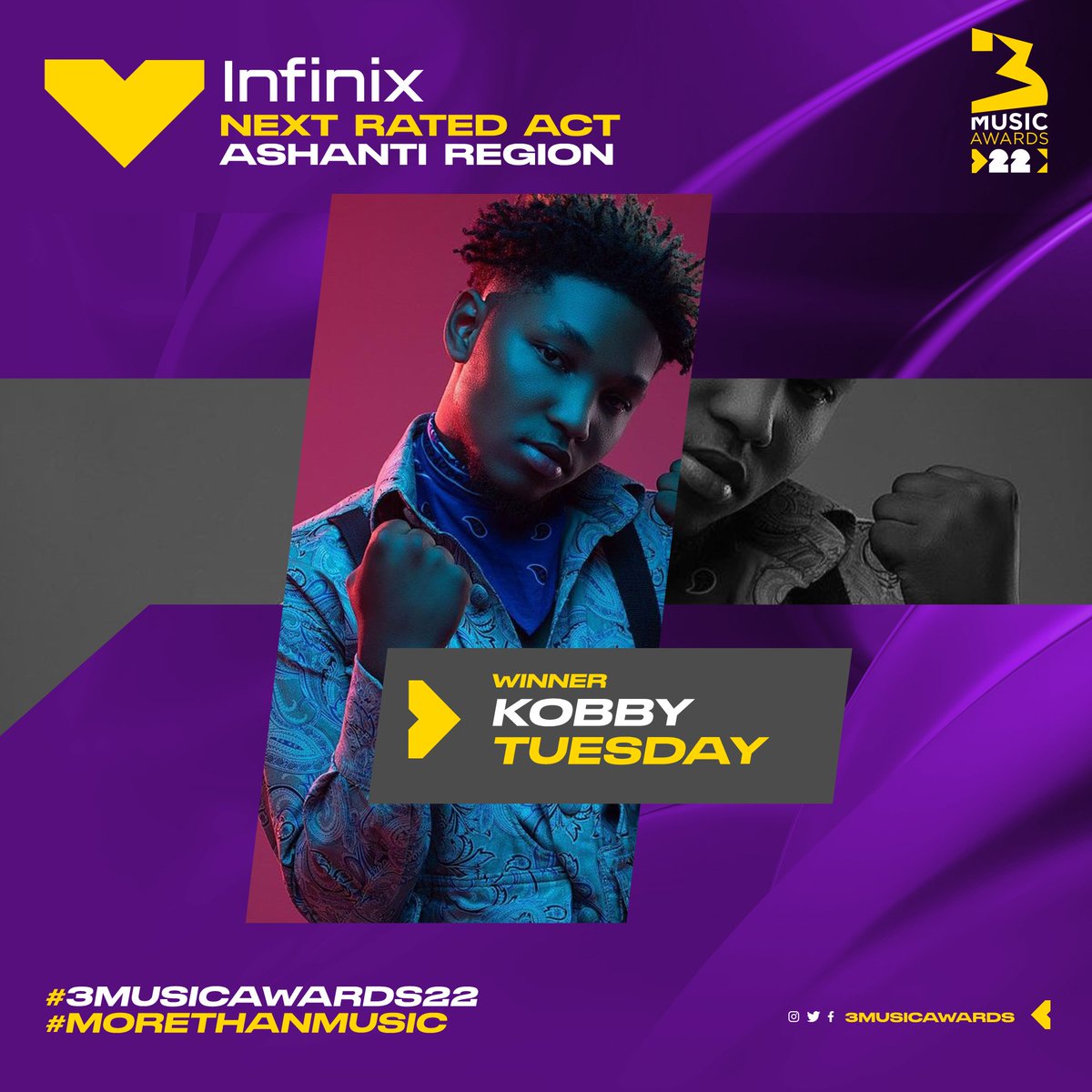 3musicAwards's tweet photo. 👏 Congrats "Infinix Next Rated Act - Ashanti Region" winner - #KobbyTuesday🥇✨️
Presented by: @infinixghana
The main #3MusicAwards22 night premieres live from Grand Arena on Mar. 26 at 18:30 GMT & 19:30 WAT on our digital channels and all media affiliates.🚨 #MoreThanMusic https://t.co/2JOSy8RBeQ