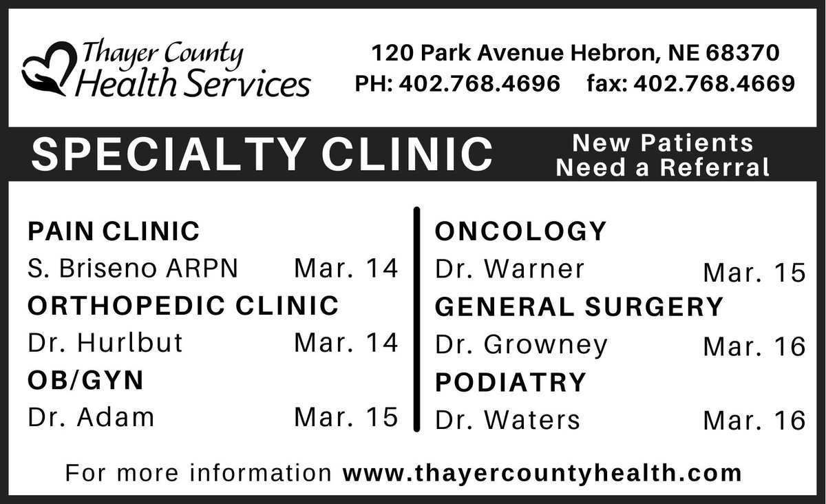 tchsne's tweet photo. Here is the schedule of the specialists at TCHS this week. 

We now have a Pain Clinic occurring each Monday. 

Call us at 402-768-4696 to learn more. https://t.co/rBhKoEUniK