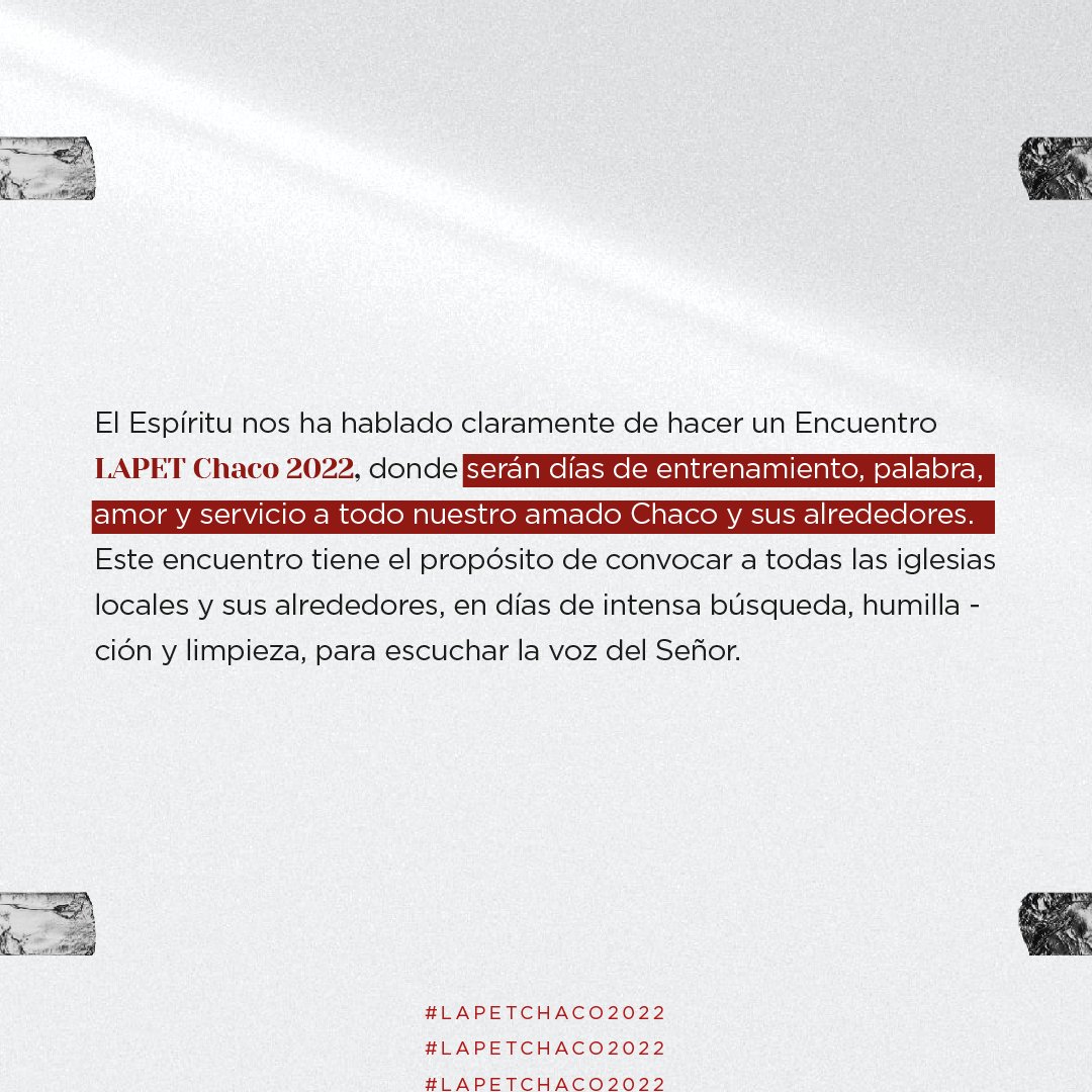 ungeint's tweet photo. El Espíritu nos ha hablado claramente de hacer un encuentro LAPET Chaco 2022, donde serán días de entrenamiento, palabra, amor y servicio a todo nuestro amado Chaco y sus alrededores. Esto se llevará a cabo los días 7, 8 y 9 de julio de 2022.

https://t.co/RRVQUPeKDQ https://t.co/GKBAFM5Ccw