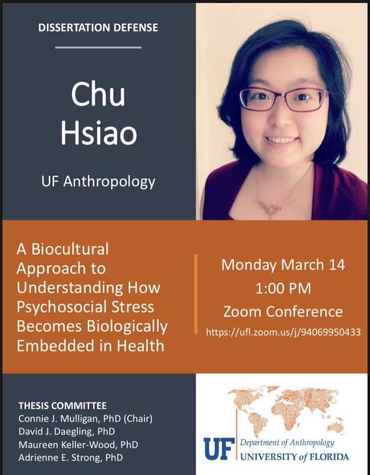 Please join us at 1 pm today to see <a href="/ChuJHsiao/">Chu J Hsiao, PhD</a>, a pillar in our program who has acted as a leader, scholar, and friend as she defends her dissertation! 

<a href="/AnthropologyUF/">UF Anthropology</a> <a href="/UFHealth/">UF Health</a> <a href="/UFCTSI/">UF Clinical and Translational Science Institute</a>