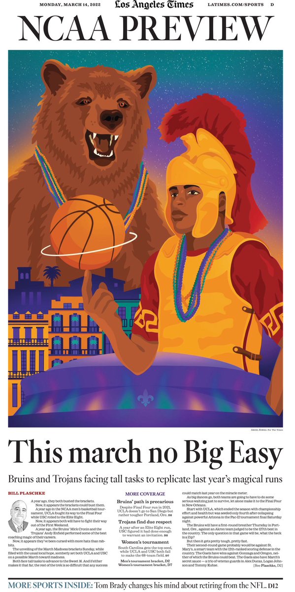 Wowie, really proud of this work on the cover of <a href="/latimessports/">L.A. Times Sports</a> today. <a href="/TomBrady/">Tom Brady</a> tried to overshadow me with his "news," but this illustration is just.too.bright. LA friends, snag me a print copy!