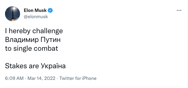 anothercohen's tweet photo. Imagine if this war ended because a billionaire tech CEO fought a billionaire president of a country to the death.

2022 is weird, man https://t.co/aTDsfldS6S