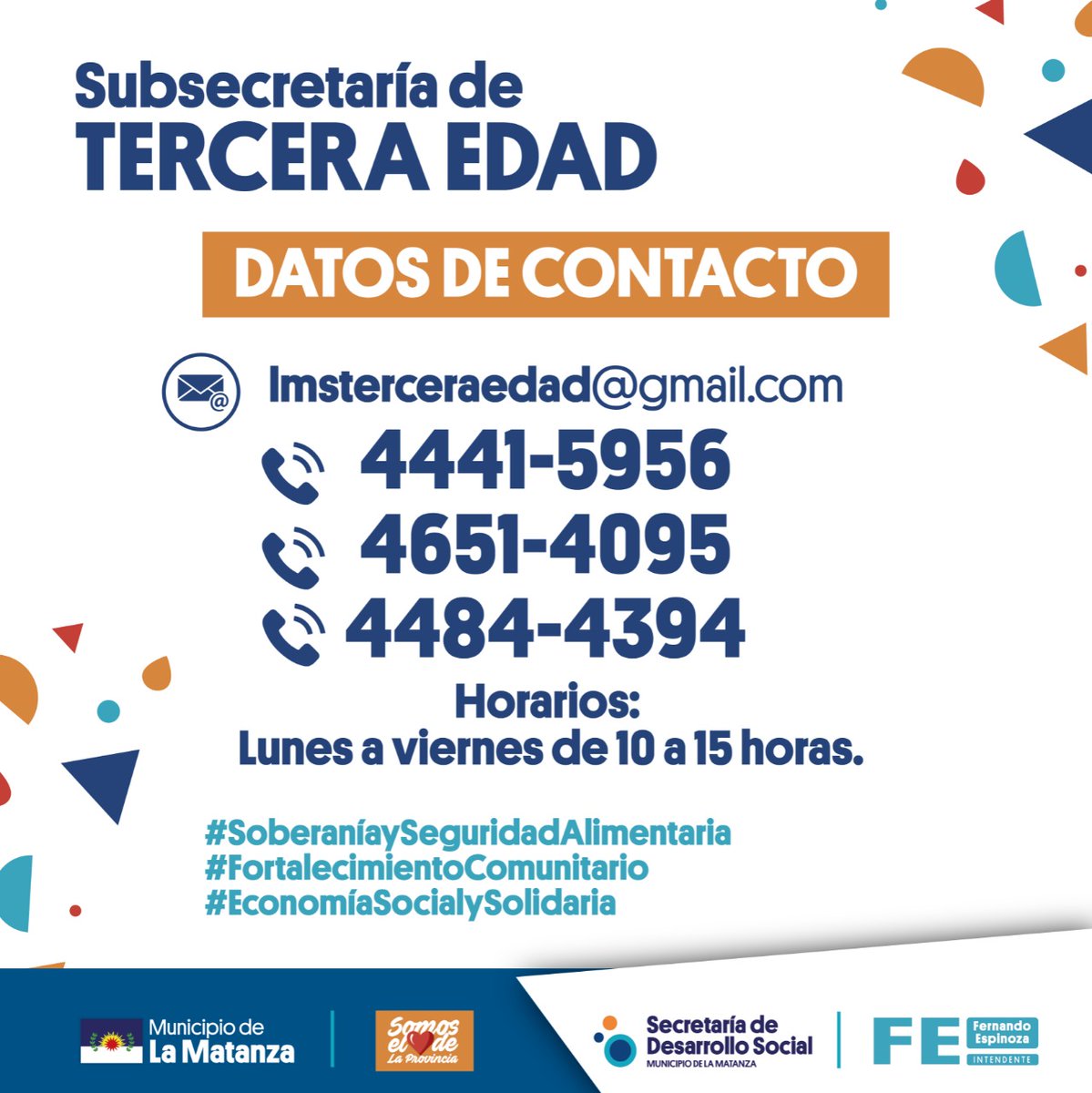 desarrollolamatanza (@dslamatanza) on Twitter photo La Subsecretaría de la Tercera Edad de <a href="/LaMatanzaMunic/">La Matanza Municipio</a> , dependiente de la Secretaría de #DesarrolloSocialLaMatanza, brinda atención y asesoramiento de lunes a viernes de 10 a 15 Hs
☎ 4484-4394 // 4441-5956 o 4651-4095
📧 lmsterceraedad@gmail.com
<a href="/FuscaNicolas/">nicolas_ fusca</a> <a href="/FerEspinozaOK/">Fernando Espinoza</a> La Subsecretaría de la Tercera Edad de <a href="/LaMatanzaMunic/">La Matanza Municipio</a> , dependiente de la Secretaría de #DesarrolloSocialLaMatanza, brinda atención y asesoramiento de lunes a viernes de 10 a 15 Hs
☎ 4484-4394 // 4441-5956 o 4651-4095
📧 lmsterceraedad@gmail.com
<a href="/FuscaNicolas/">nicolas_ fusca</a> <a href="/FerEspinozaOK/">Fernando Espinoza</a>