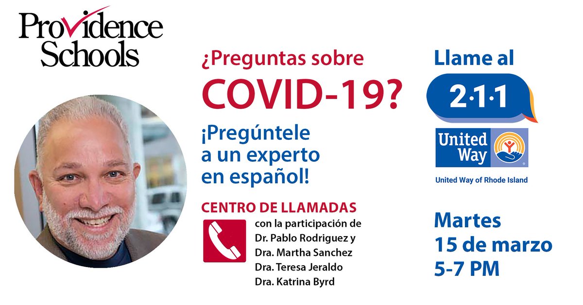 pvdschools's tweet photo. ¿Confundido sobre el COVID-19?
Pregúntele a los expertos de manera confidencial el martes, 5-7, llamando al 2-1-1. Los médicos atenderán sus llamadas en español. #Vaxboost https://t.co/rtBwcx6oyY