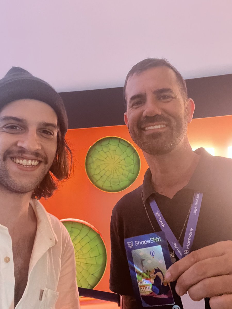 ShapeShift's tweet photo. Great to see the @ShapeShiftDAOBR team having a blast at @EthereumRio with @bobburnquist  - Cool card Bob  🦊 ❤️ 🛹 https://t.co/AoYPFd6S4V