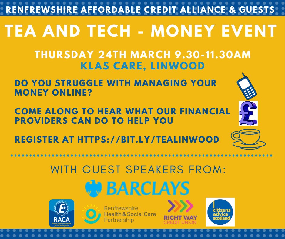 RenfrewshireAf1's tweet photo. Next up we have the second Tea and Tech- Money Roadshow session! This will be on 24 March at @klascarecic from 9.30am. 
Would you prefer to join us online? We will offer a Zoom link if you register or email info@engagerenfrewshire.com, but the downside is you supply your own tea! https://t.co/W9VaFbzHmb