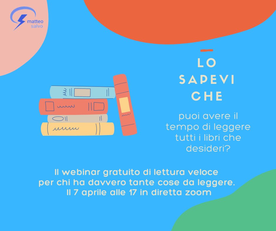 #14marzo Tra mille impegni, il tempo libero è poco e le cose da leggere tante.Le tecniche di lettura veloce esistono, funzionano e sono uno strumento utile per guadagnare tempo prezioso! Iscriviti subito al mio webinar gratuito di lettura veloce: matteosalvo.com/webinar-lettur…
