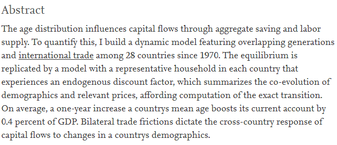 SMUEconDept's tweet photo. Check out the latest research by Prof. @SposiMichael now appearing as the lead article in the current issue of J Monetary Economics. Paper is entitled:

"Demographics and the evolution of global imbalances"

https://t.co/eTL0KxChPK

A brief🧵... https://t.co/UrZgYDAZON
