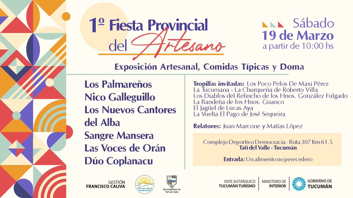 MuniTafi's tweet photo. 📆 1º Fiesta Provincial de Artesano, Sábado 19 de Marzo a partir de 10:00 de la mañana en el Complejo Deportivo Democracia. https://t.co/8UpDZV8U4M