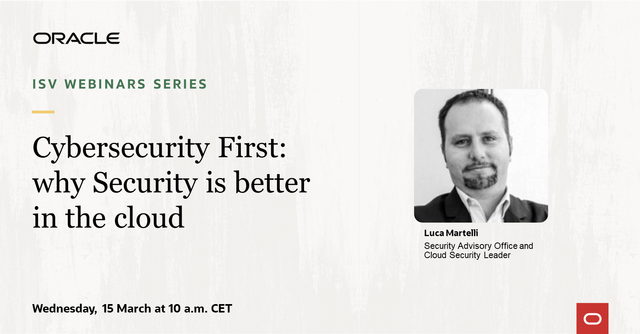 pauldelara's tweet photo. All ISVs! Join the next ISV webinar to hear from Oracle Security experts how your solutions could benefit from OCI built-in security. https://t.co/sc77NzX7Aj https://t.co/R0QbmeWgzN