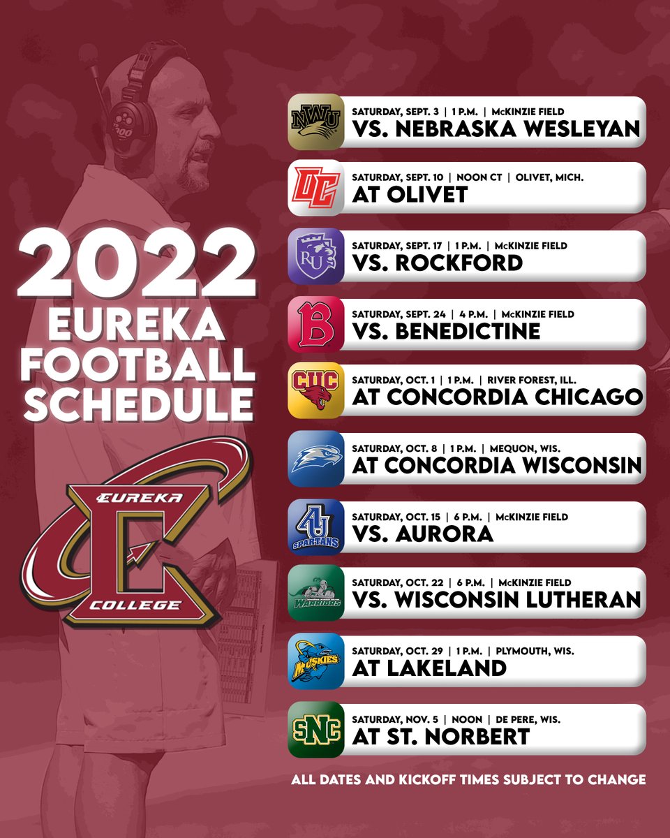 EurekaRedDevils's tweet photo. The 2022 Eureka College football schedule has officially been set.

@ECRDFootball will open the 119th season in program history on its home turf of McKinzie Field at 1 p.m. on Sept. 3.

📰: https://t.co/sZdfMjqGJE https://t.co/LEH7VRRf37