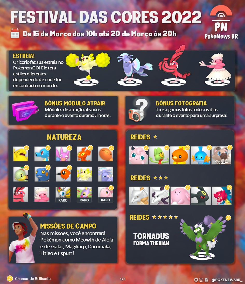 Jogada Excelente on X: Pokémon GO: Confira detalhes do evento Festival das  Cores, que contará com o lançamento das diferentes formas de Oricorio como  Pokémon regionais. Data: 15/03 às 10h a 20/03