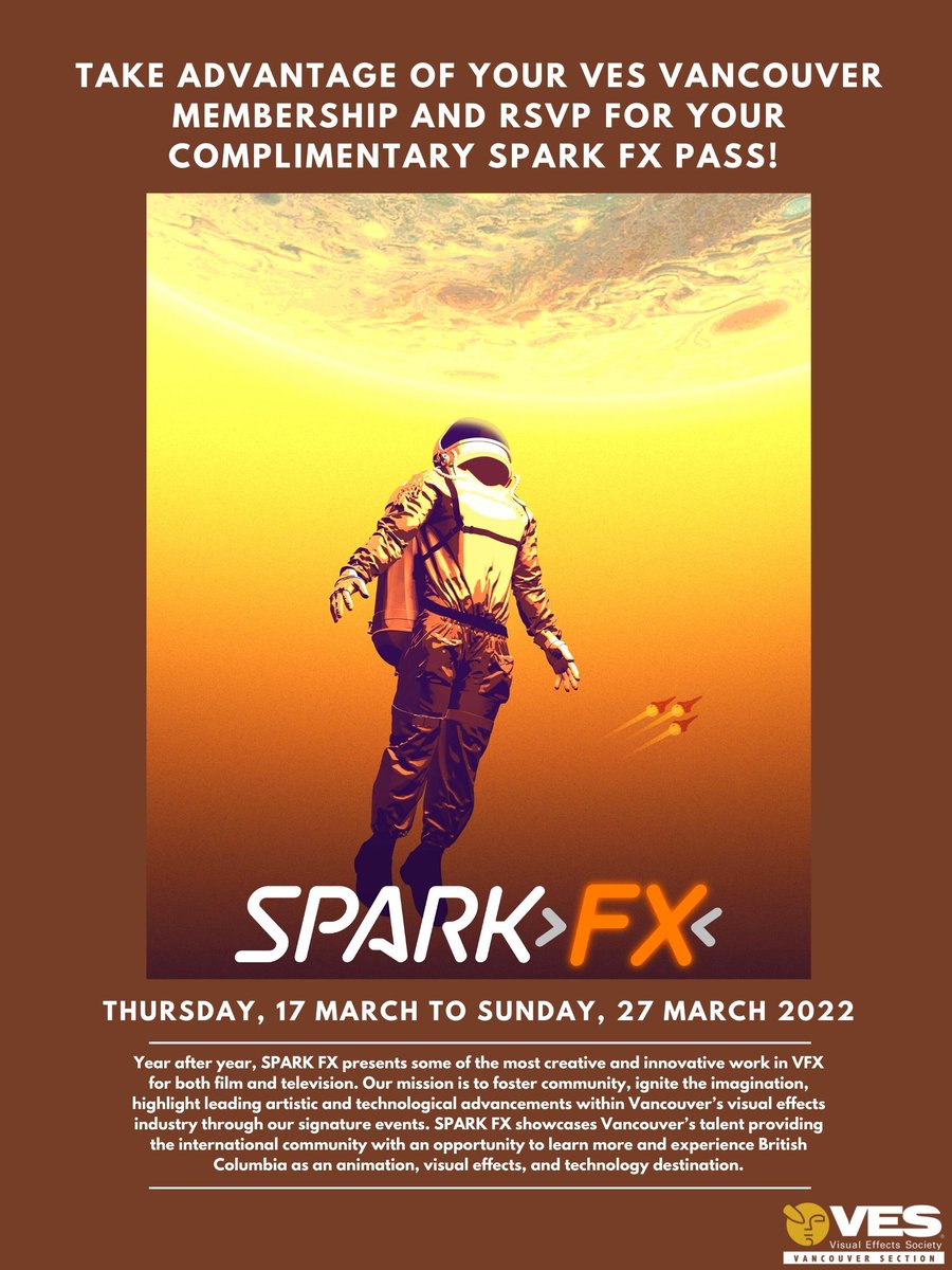 #SparkFX begins this week - Thursday, March 17 - and there is still time to take advantage of your <a href="/VESVancouver/">VES Vancouver</a> Section Member perk and receive a complimentary pass.  

Check your email for a link that was re-sent out last Thursday.

#events #benefits #VESVancouver  <a href="/SparkCG/">Spark CG Society</a>