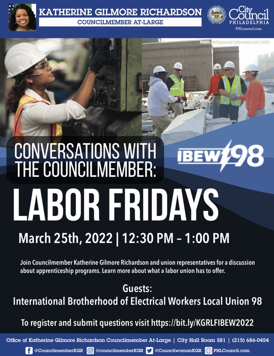 Join us Friday, March 25th for “Conversations with the Councilmember: Labor Fridays”! 

I will be talking about apprenticeship opportunities &amp; career pathways with representatives from <a href="/IBEW98/">IBEW Local 98</a> 

To register: bit.ly/KGRLFIBEW2022
