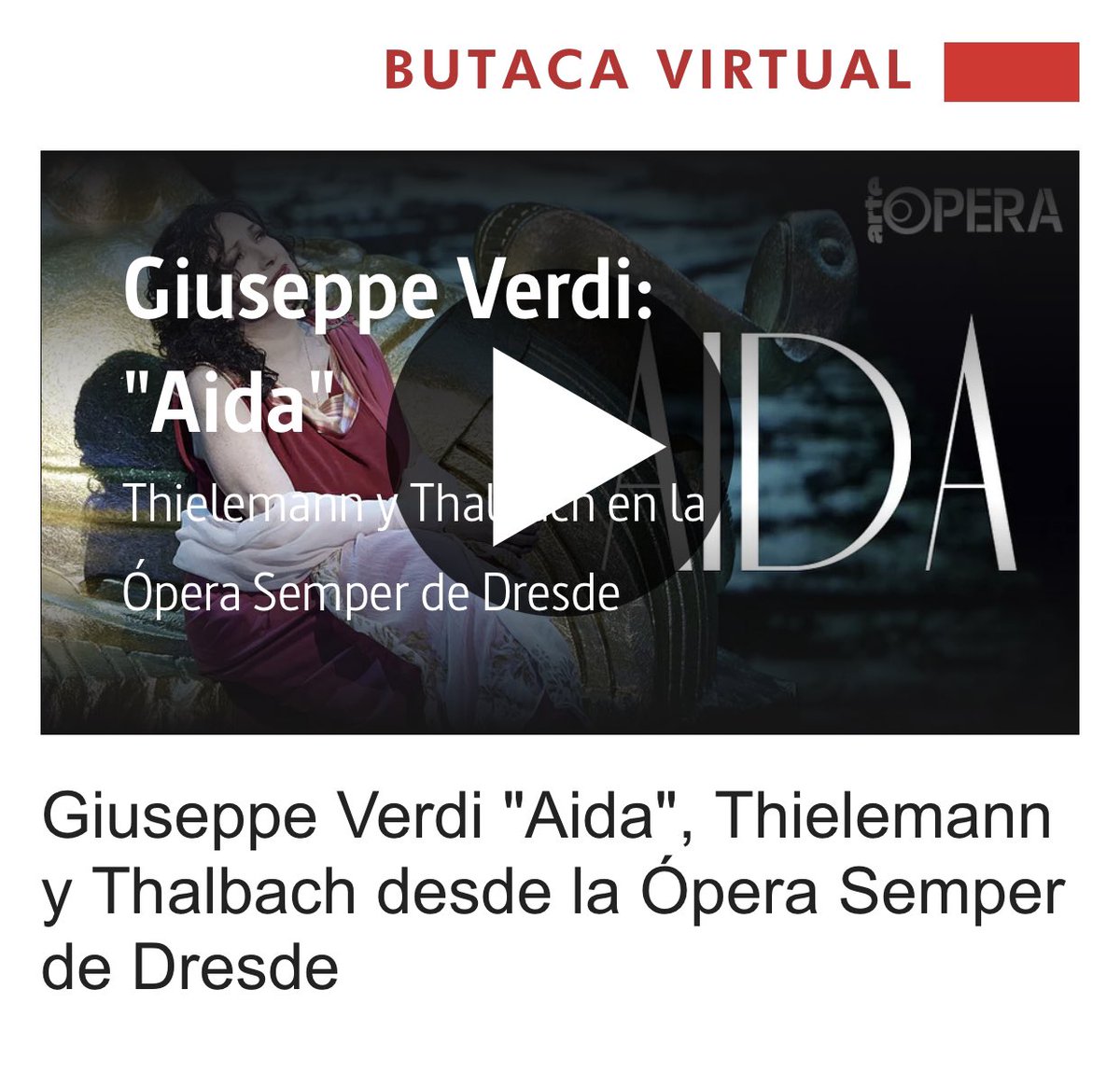 opera_xxi's tweet photo. Ya tienes disponible en nuestra #ButacaVirtual 👉🏻 #Aida #Verdi, primera colaboración de la actriz berlinesa y directora de escena Katharina Thalbach y el director de orquesta Christian Thielemann.
🍿desde @semperoper
En 🤝 con @ARTEesp
👀 aquí: https://t.co/8ZNQnLGf9l https://t.co/utvkWWnMU0