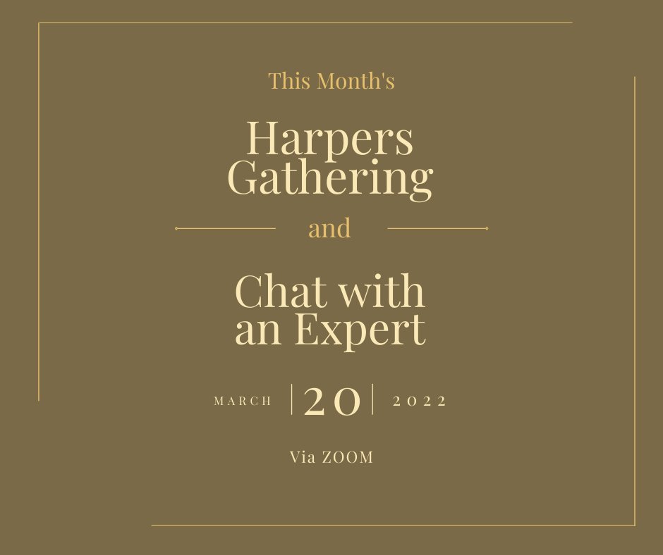 2:00 - 4:00 PM Irish Time

1st hour social time, 30 mins Chat w. an Expert, last 30 mins more social time.

Sign up for your personal link to this free event here: zoom.us/meeting/regist…

#harpersgathering #march2022 #chatwithanexpert #hhsi #earlyirishharp
