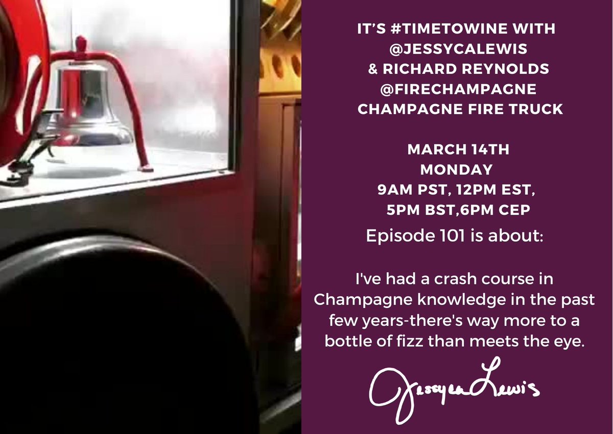 It's #timetowine with <a href="/JessycaLewis/">Jessyca Lewis</a> &amp; Richard Reynolds 
<a href="/FireChampagne/">champagne fire truck</a> <a href="/lizzieballvivo/">Lizzie Ball</a> <a href="/Guythegrape/">Guy Smith</a> <a href="/Christina_SvR/">Christina Rasmussen she/her</a> <a href="/stevenpritch10/">Steven Pritchard</a> <a href="/winediviner/">Bree M Boskov MW</a>  <a href="/Madaboutbubbly/">Jiles Halling</a> <a href="/wineaostories/">Wine And Other Stories</a> <a href="/rondovines/">Michael Smith</a> <a href="/GrameOliver/">OliverGrame</a> <a href="/oregonwineboard/">Oregon Wine</a> <a href="/lisamattsonwine/">Lisa Mattson</a> <a href="/WineOnTheDime/">Wine on the Dime</a> <a href="/Marisah_N/">Marisah Nieuwoudt</a>