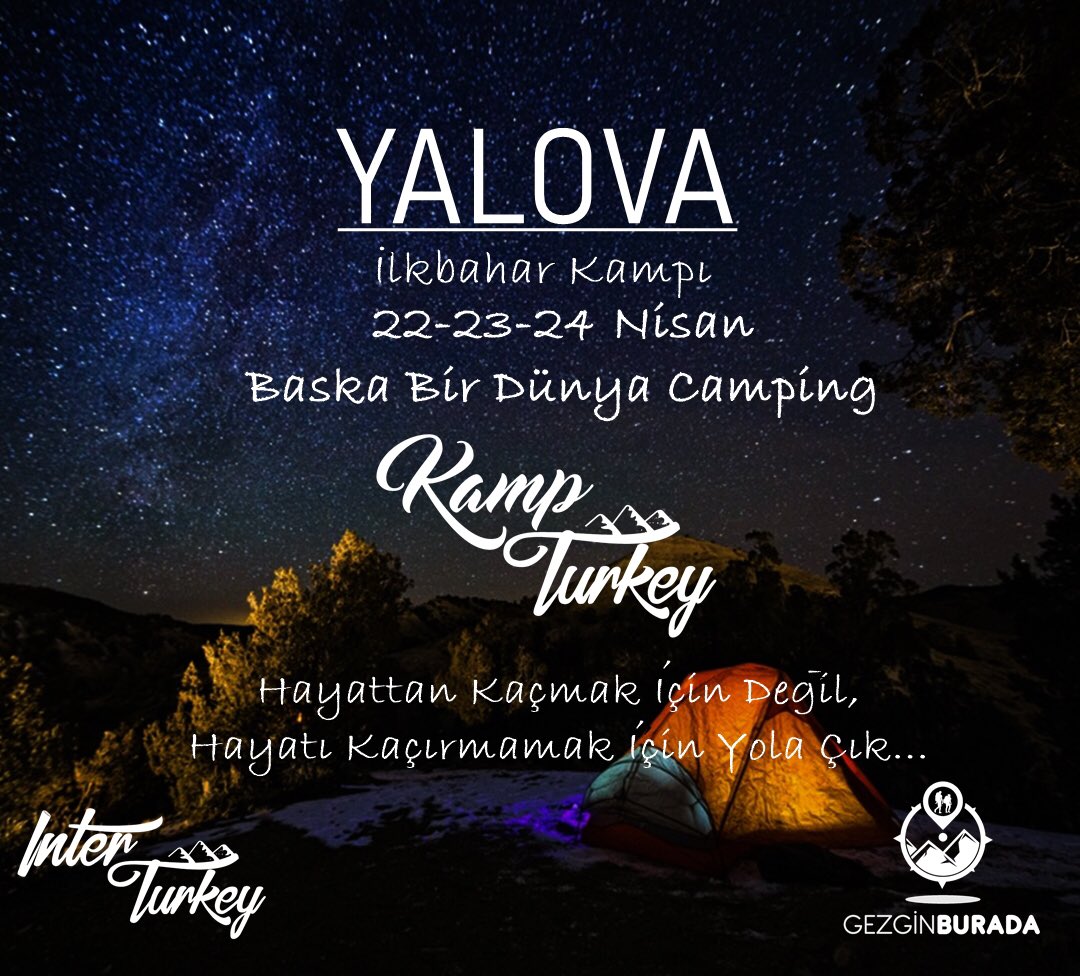 #Pazartesi Yeni yılın ilk kampına hazır olun🏕

Çantalar yapılsın, çadırlar katlansın, baharı kampla karşılamaya gidiyoruz!
Birbirimizi fazlasıyla özledik, şimdi bu hasrete bir son verme zamanı.
22-23-24 Nisan tarihleri arasında Yalova @baskabirdunyayalova ’dayız.
#InterTurkey