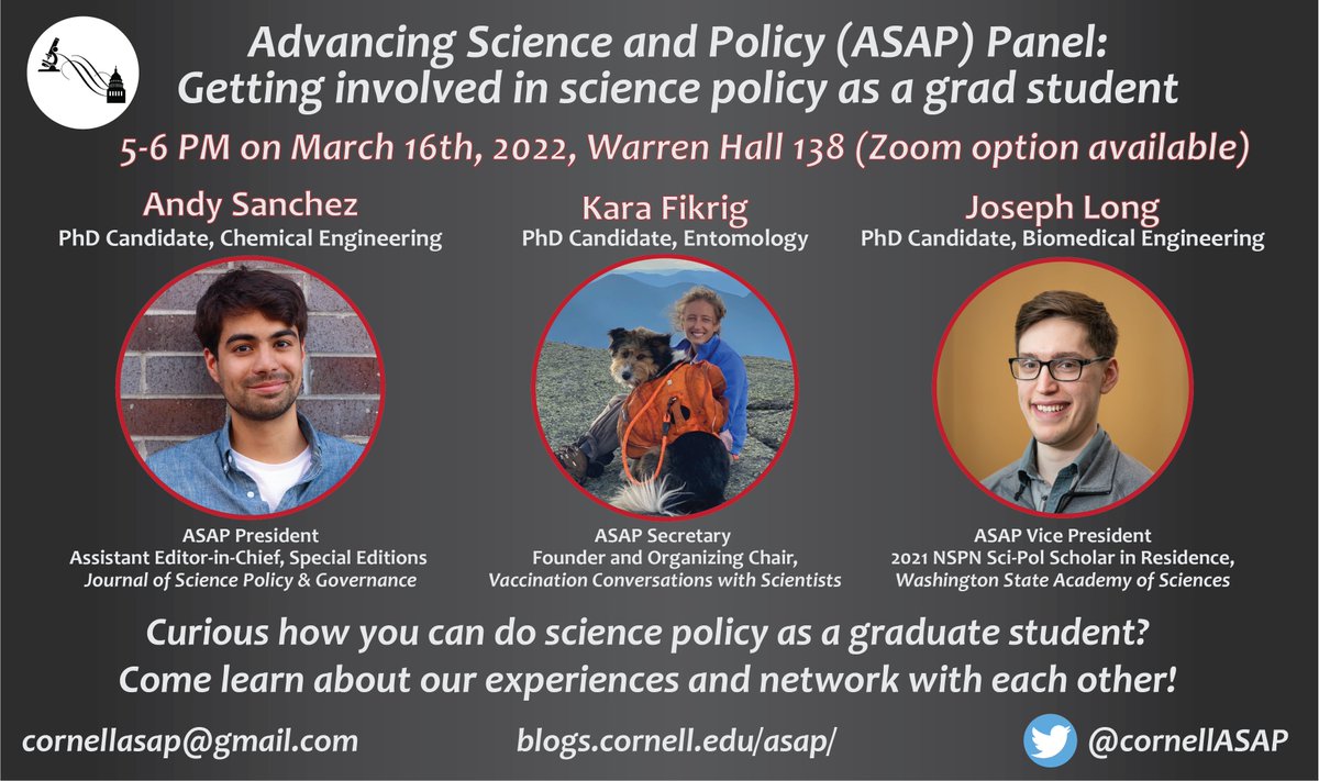 Cornell Advancing Science and Policy Club (ASAP) (@cornellasap) on Twitter photo Cornell grads: Are you interested in #scipol and want to know different ways to get involved? Come join us for a panel with @MrSanduchez <a href="/KaraFikrig/">Kara Fikrig</a> @JosephT_Long to discuss their science policy journeys. This Wednesday 5-6 PM (in person and Zoom). Registration link below! Cornell grads: Are you interested in #scipol and want to know different ways to get involved? Come join us for a panel with @MrSanduchez <a href="/KaraFikrig/">Kara Fikrig</a> @JosephT_Long to discuss their science policy journeys. This Wednesday 5-6 PM (in person and Zoom). Registration link below!