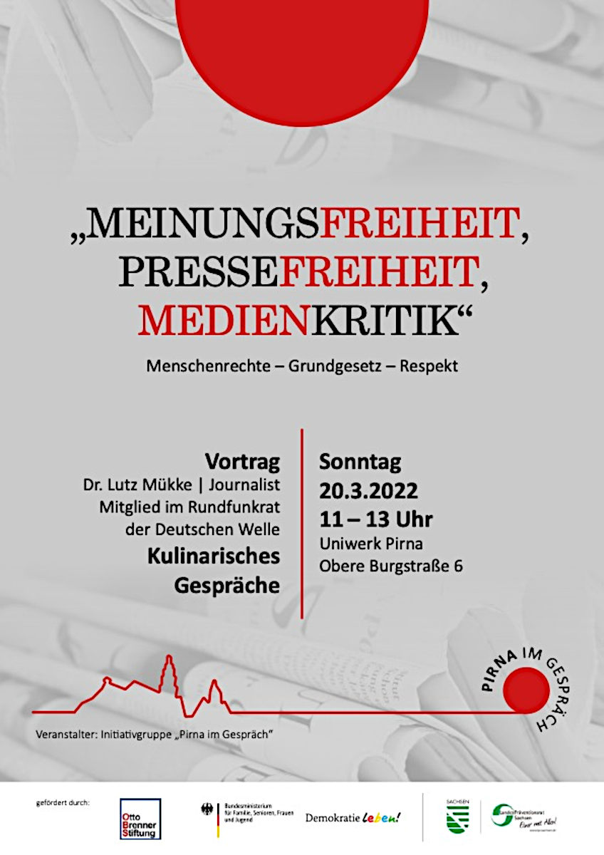 GrueneSOE's tweet photo. Der zweite Teil der Veranstaltungsreihe "Pirna im Gespräch" zum Thema:
#Meinungsfreiheit, #Pressefreiheit, #Medienkritik 
++ am Sonntag, 20.03. ++ mit Vortrag von Dr. Lutz Mükke ++ Eintritt kostenfrei &amp; inkl. Imbiss ++
Kommt nach #Pirna &amp; ins Gespräch! https://t.co/UabhXz3Mr2