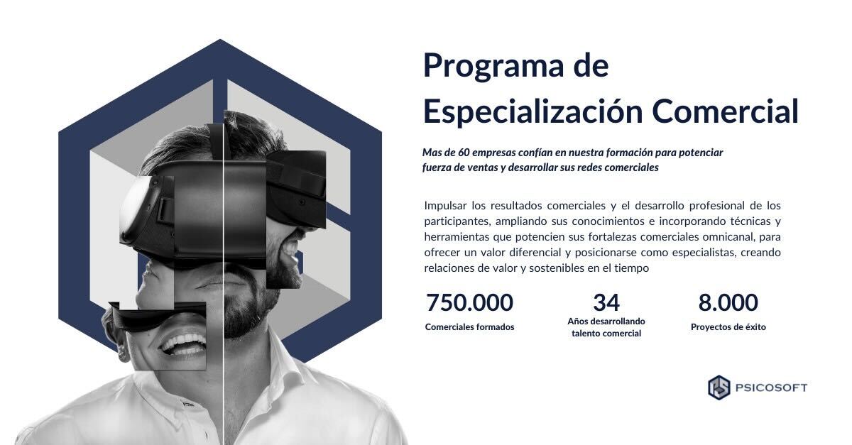 PsicosoftRedes's tweet image. Presentamos nuestro Programa de especialización comercial. Se han volcado en él nuestros conocimientos y metodologías adquiridas durante más de 34 años de experiencia en diferentes sectores. Si quieres inscribirte en esta primera edición, ponte en contacto con nosotros.