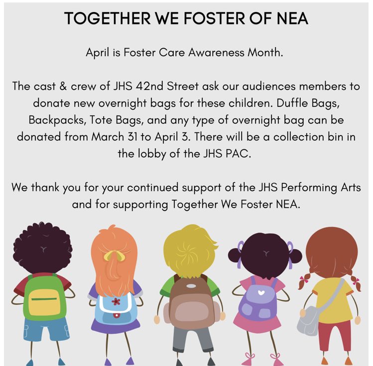 holmesk's tweet photo. JHS 42nd Street’s charity of choice is TOGETHER WE FOSTER. Help us as we gather bags for them. https://t.co/leCc8vB4pY