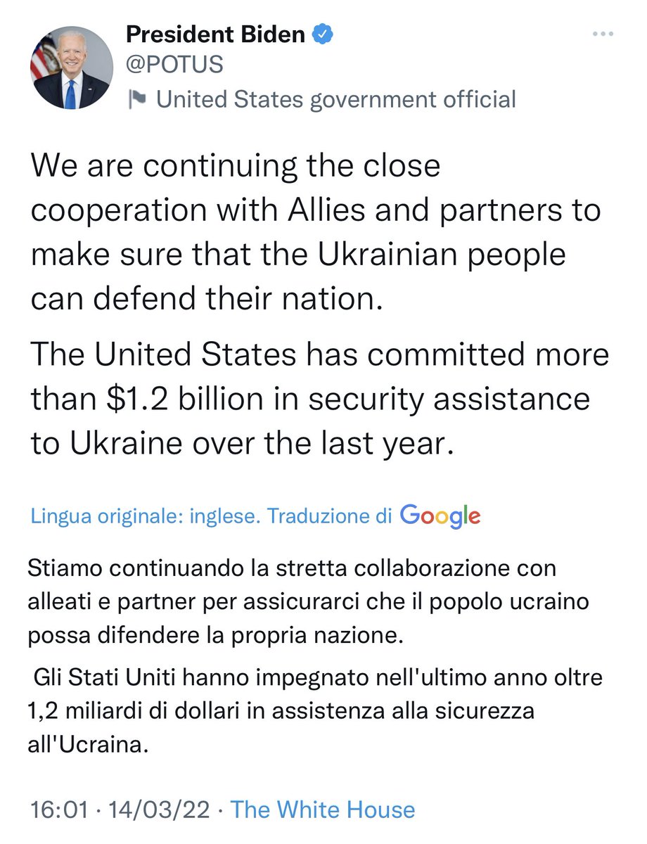 valy_s's tweet photo. #Biden “Gli #USA nell’ULTIMO ANNO hanno stanziato 1,2 MILIARDI DI DOLLARI in assistenza alla sicurezza all’ #Ucraina” https://t.co/SOck3WDWSe