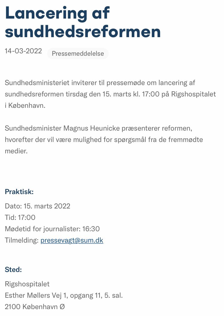 DKsundhed's tweet image. Sundhedsministeriet inviterer til pressemøde om lancering af sundhedsreformen tirsdag den 15. marts kl. 17.00 på Rigshospitalet i København #sundpol