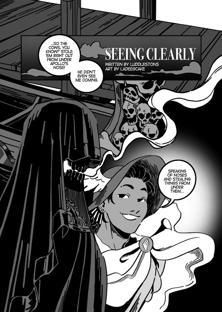 Here is a 🧵 of the comic me and @luddlestons worked on for @LifebloodHades: "Seeing Clearly"! Set way earlier before the events of the game, Hermes tricks Charon into trying something new with his look 🔮👒 (1/6) 