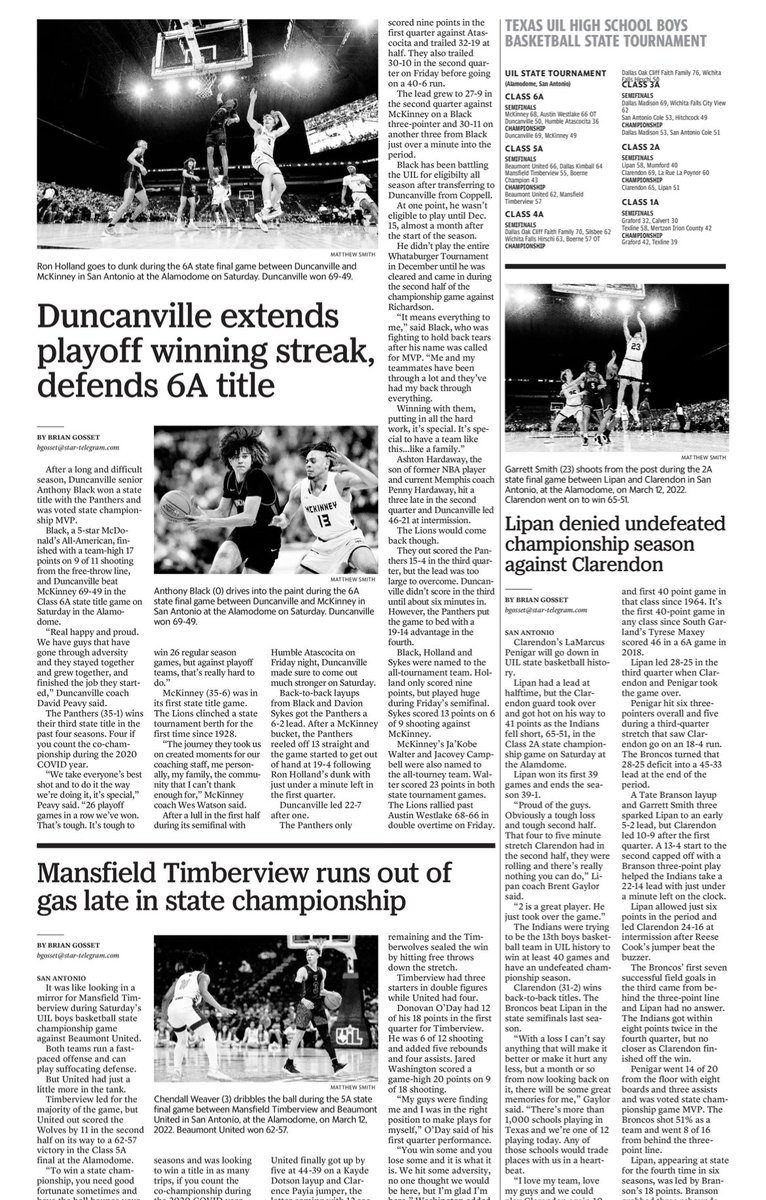 Gosset41's tweet photo. Front page news @darren_lauber recaps the @DrewMedfordMT and @PaschalBaseball from Saturday plus a full page of state basketball including @DavidPeavy20 @DuncanvilleBB winning the 6A title. Can’t get a copy everything is online at https://t.co/oHKQp6VDuA https://t.co/GGGifEX2rU
