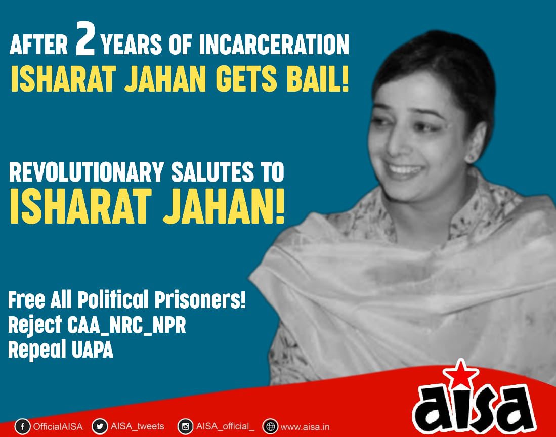upaisa_official's tweet photo. Isharat Jahan gets bail after 2 years of incarceration!!
Revolutionary salutes to the struggle of Isharat Jahan!!
#Free_All_Political_Prisoners
#Reject_CAA https://t.co/FzB2kRemW3