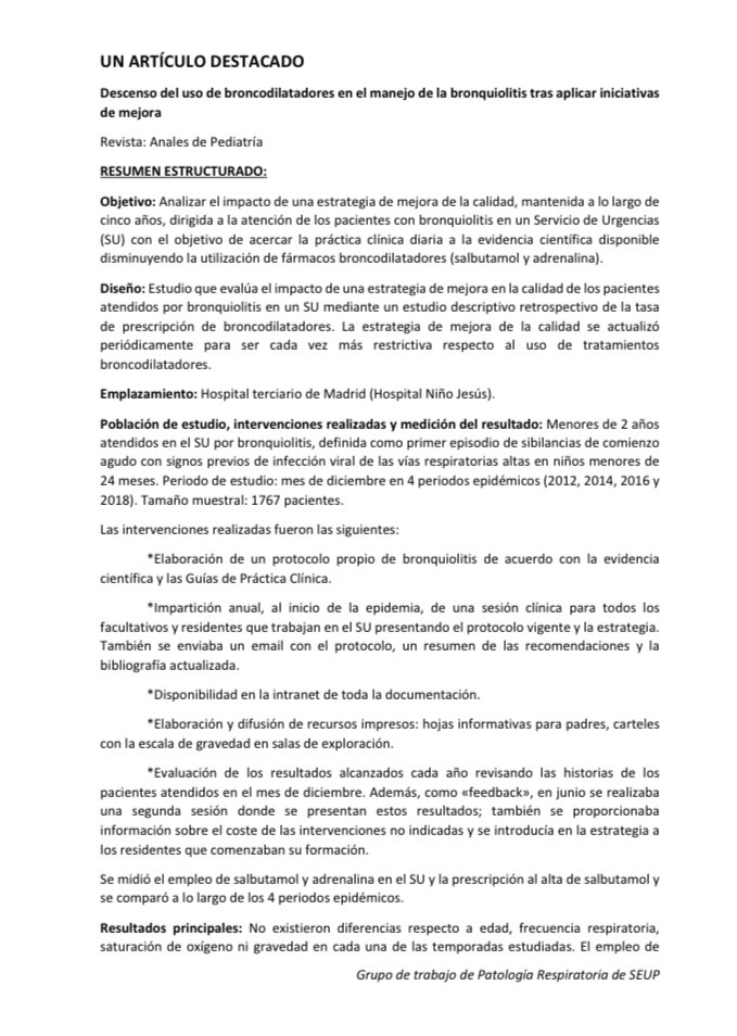 TSEUP's tweet photo. El GT de Respiratorio continúa con su sección “Un artículo destacado”.

Este mes nos traen un estudio publicado en Anales de Pediatría por los compañeros del Niño Jesús sobre cómo disminuir el uso de broncodilatadores en bronquiolitis.

No te lo pierdas en https://t.co/m86VWxRdPb https://t.co/PUc0QhuIcV