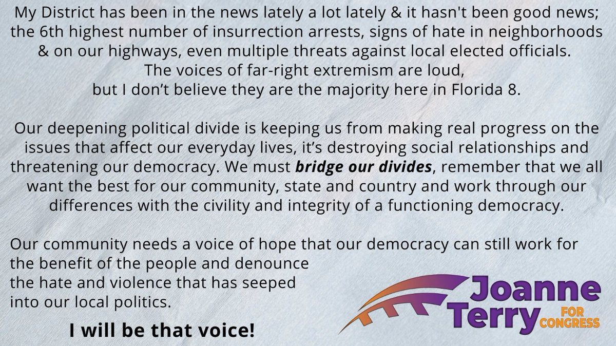 Joanne4Florida's tweet photo. I often get asked, What's with #BridgingOurDivides?Well, it's my Motivation to Run for Congress #FL8
I still believe that there is more that we agree on than disagree about & we need to 'Bridge Our Divides'
Check Me Out at: https://t.co/KUCSXskscg & FOLLOW ME & Give Me a Voice https://t.co/vpITYw9vJR