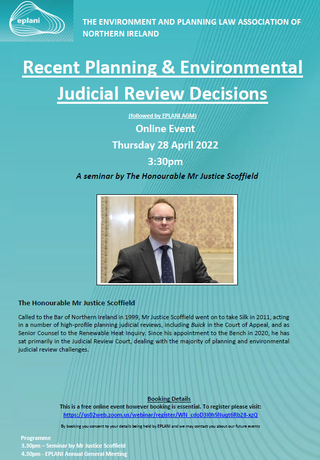 We are delighted to host our first (virtual) event of 2022 on ‘Recent Planning and Environmental Judicial Review Decisions’ which will be presented by The Honourable Mr Justice Scoffield on 28 April, 3:30pm. Registration essential via booking link: us02web.zoom.us/webinar/regist…