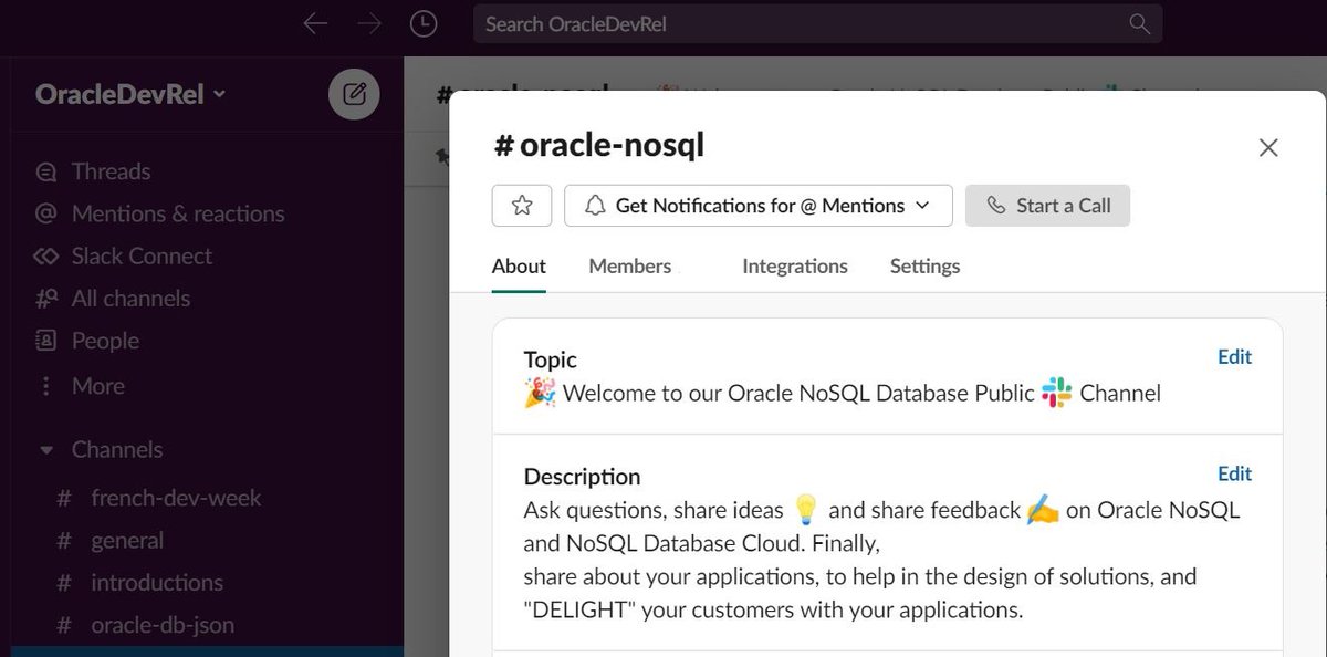Join our #Developers Slack #community at bit.ly/odevrel-slack
Ask questions, share ideas 💡and share feedback ✍🏻on Oracle #nosql. Finally, share about your apps, to help in the design of solutions, and 'DELIGHT' your customers with your apps.
Public Slack Channel oracle-nosql