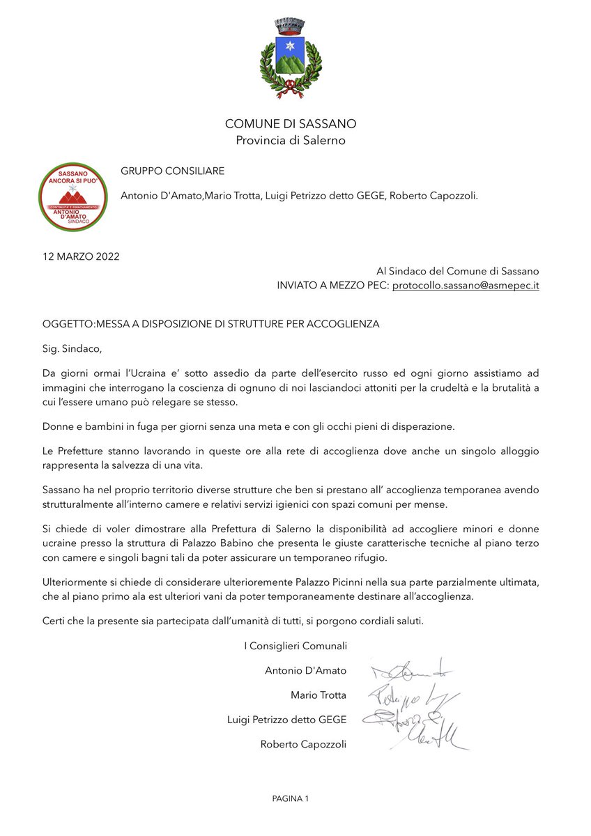DAmatoIngeo's tweet photo. La nostra richiesta al Sindaco affinché #Sassano possa essere di aiuto alle donne e bambini che fuggono dalla guerra in #Ucraina.
#sassanoancorasipuó https://t.co/PMU01y2rqD
