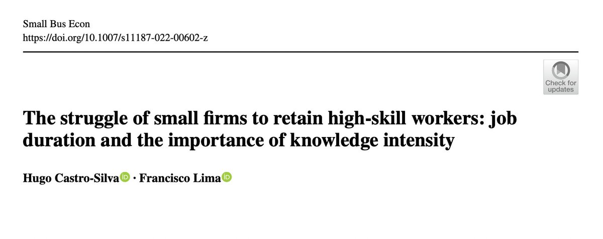 Hugo Castro Silva (@hugomfcsilva) on Twitter photo New paper, "The struggle of small firms to retain high-skill workers: job duration and the importance of knowledge intensity", published with <a href="/SpringerNature/">Springer Nature</a> in <a href="/SBEJournal/">Small Business Economics</a> and supported by @CEG_IST and <a href="/IN3_Research/">IN+</a>. You can access it for free, here: rdcu.be/cIkvT New paper, "The struggle of small firms to retain high-skill workers: job duration and the importance of knowledge intensity", published with <a href="/SpringerNature/">Springer Nature</a> in <a href="/SBEJournal/">Small Business Economics</a> and supported by @CEG_IST and <a href="/IN3_Research/">IN+</a>. You can access it for free, here: rdcu.be/cIkvT