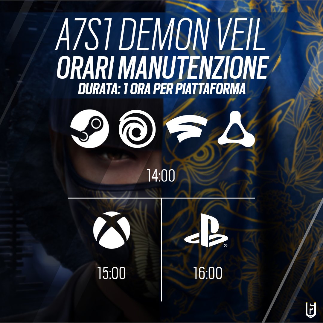 Rainbow6IT's tweet image. 🛠 Manutenzione A7S1🛠

L'A7S1 Demon Veil sarà rilasciato domani, 15 Marzo. 

⏱Durata: ~1 ora per piattaforma 

Orari della manutenzione e dimensioni della patch di seguito 👇